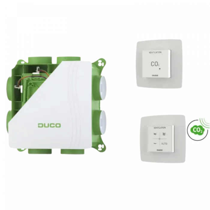 DucoBox Silent 2.0 All-In-One CO₂ – 400 m³/h – Eurostecker - integrierter Feuchtigkeitssensor + RF-Steuerung mit CO₂-Sensor + CO₂-Raum-Sensor