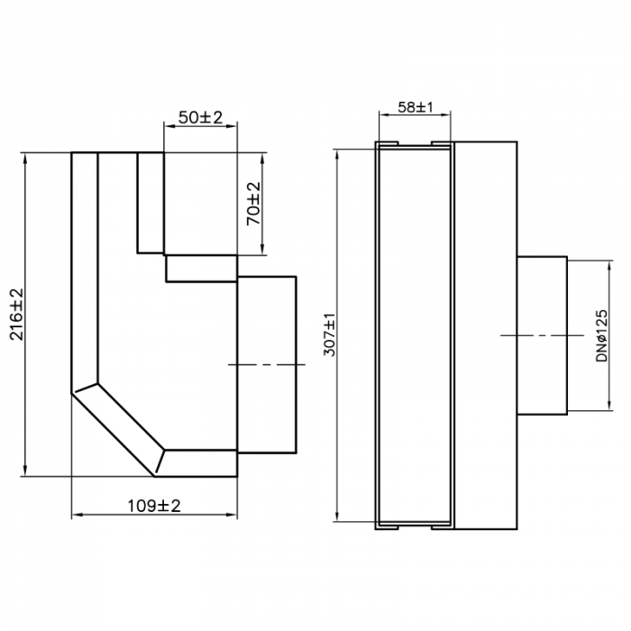 Rechtwinkliger Gitterrostschuh 305 x 57 mm mit Anschluss Ø 125 mm
