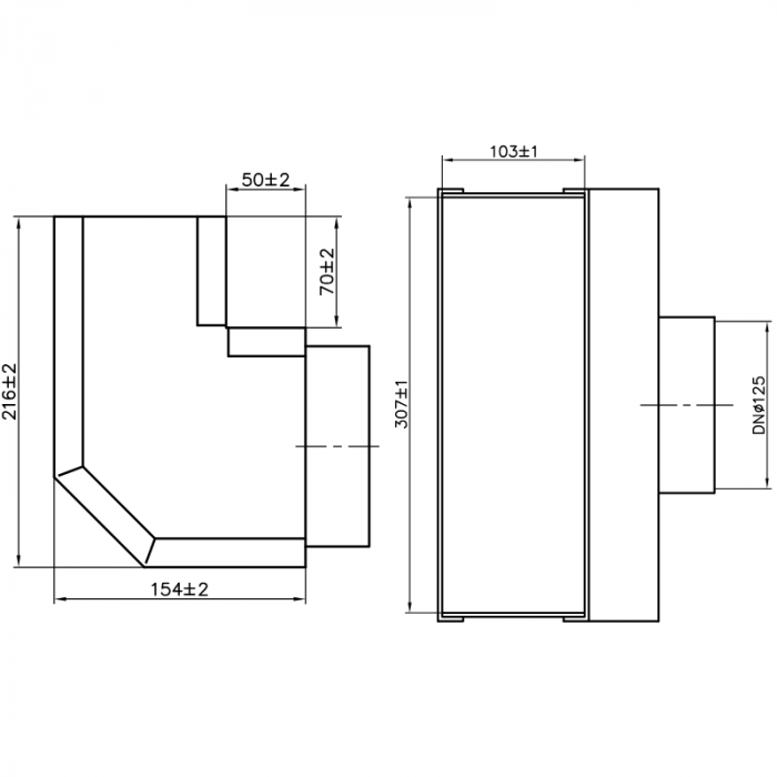 Rechtwinkliger Gitterrostschuh 305 x 102 mm mit Anschluss Ø 125 mm