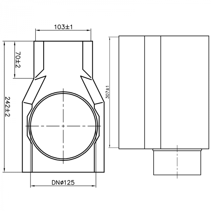 Gitterrostschuh 305 x 102 mm mit Seitenanschluss kurze Seite Ø 125 mm