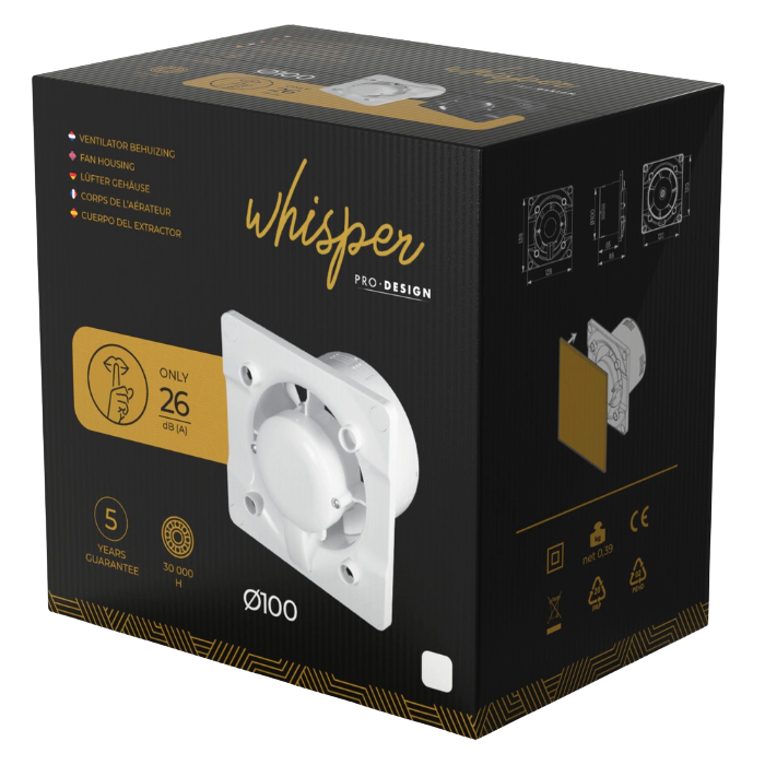 Whisper pro-design Badlüfter - Ø100mm - mit Nachlauf timer und Feuchtigkeitssensor - bold line - Kunststoff - weiß