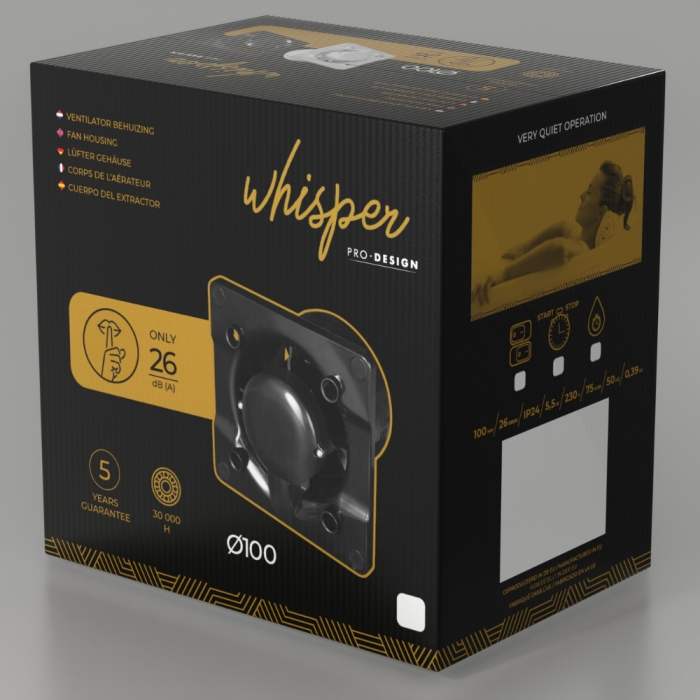 Whisper Pro-Design Badezimmerlüfter - Ø100mm - Ein/Aus - flacher Edelstahl - Schwarzer Ventilator
