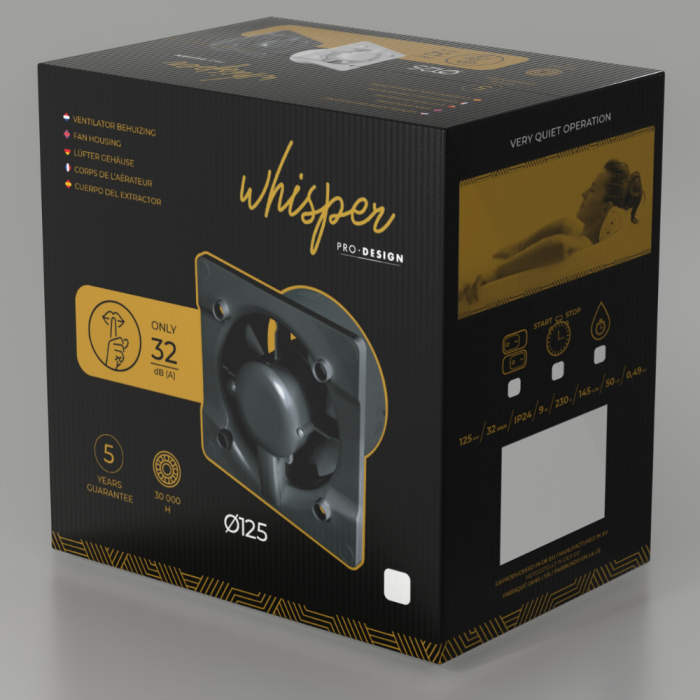 Whisper Pro-Design Badezimmerlüfter - Ø125mm – mit Nachlauf - flaches glas - matt Weiß - Schwarzer Ventilator Whisper Pro-Design Badezimmerlüfter - Ø125mm – mit Nachlauf - flaches glas - matt Weiß - Schwarzer Ventilator