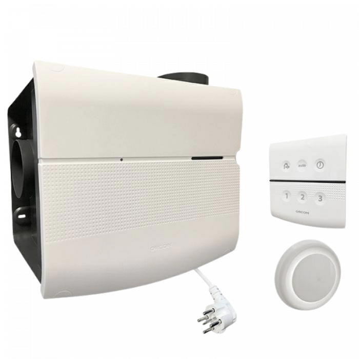 Orcon MVS-15RHBP Wohnventilator - 550 m3/h - Perilex - mit integriertem Feuchtigkeitssensor und RF-Fernbedienung + 4 Luftventile