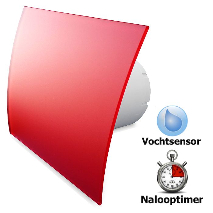 Pro-Design Badlüfter – TIMER + FEUCHTIGKEITSSENSOR (KW100H) – Ø 100 mm – gewölbtes Glas – matt Rot