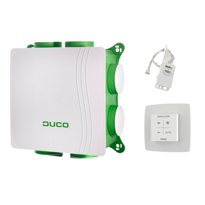 DucoBox Silent mit Schutzkontaktstecker + VOCHT-Boxsensor + Steuerschalter RF batteriebetrieben