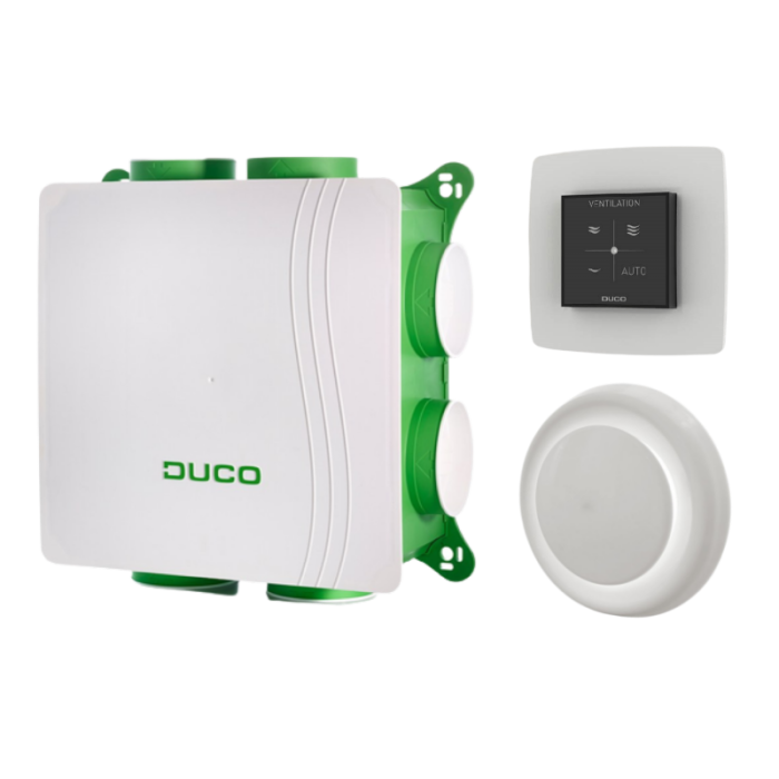 DucoBox Silent mit Schutzkontaktstecker + Steuerschalter RF batteriebetrieben + 4 Luftventile