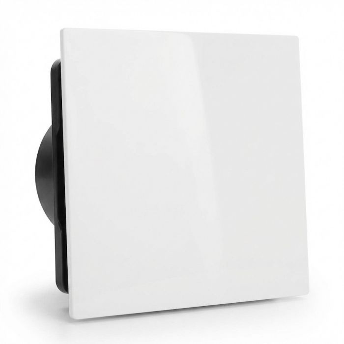 Whisper Pro-Design Badlüfter - Ø125 mm - mit Nachlauf – flacher Kunststoff – Weiß - schwarzer Ventilator