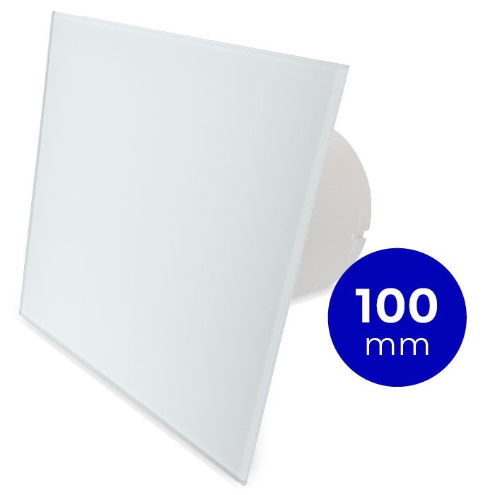 Pro-Design Badlüfter – STANDARD (KW100) – Ø 100 mm – flaches GLAS – matt Weiß