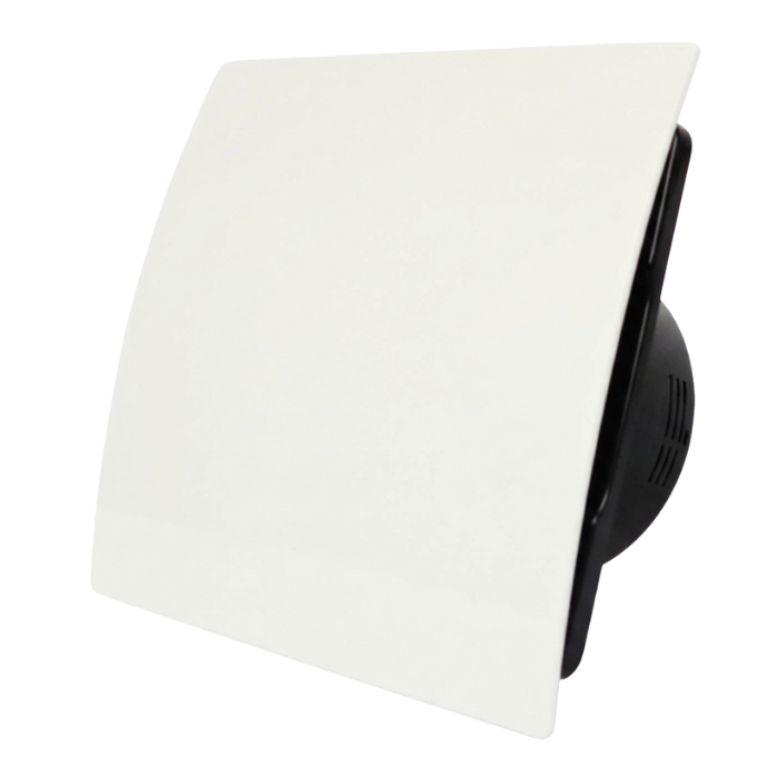 Whisper Pro-Design Badlüfter - Ø100mm - mit Nachlauftimer + Feuchtigkeitssensor - gebogener Kunststoff - weiß - schwarzer Ventilator