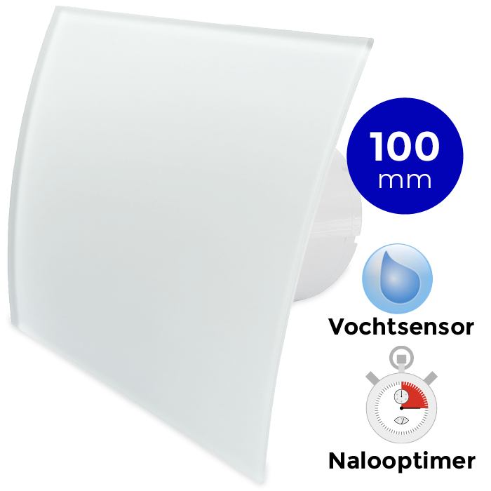 Pro-Design Badlüfter – mit Nachlauf + Feuchtigkeitssensor (KW100H) – Ø 100 mm – gewölbtes Glas – matt Weiß