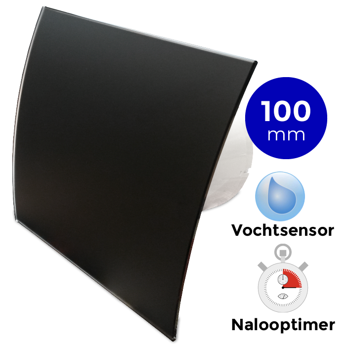 Pro-Design Badlüfter – mit Nachlauf + mit Feuchtigkeitssensor (KW100H) – Ø 100 mm – gewölbtes GLAS – matt Schwarz