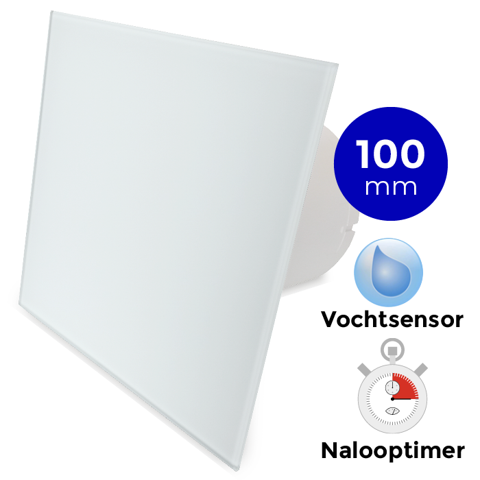 Pro-Design Badlüfter – mit Nachlauf + Feuchtigkeitssensor (KW100H) – Ø 100 mm – flaches GLAS – matt Weiß