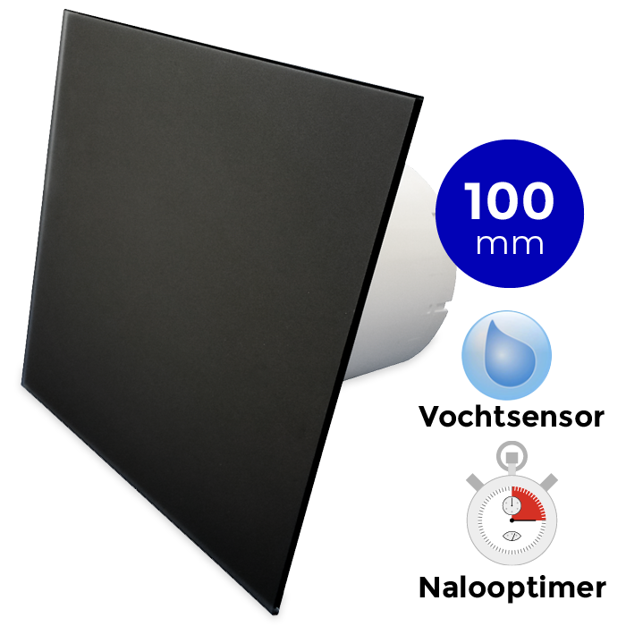 Pro-Design Badlüfter – mit Nachlauf + mit Feuchtigkeitssensor (KW100H) – Ø 100 mm – flaches GLAS – matt Schwarz