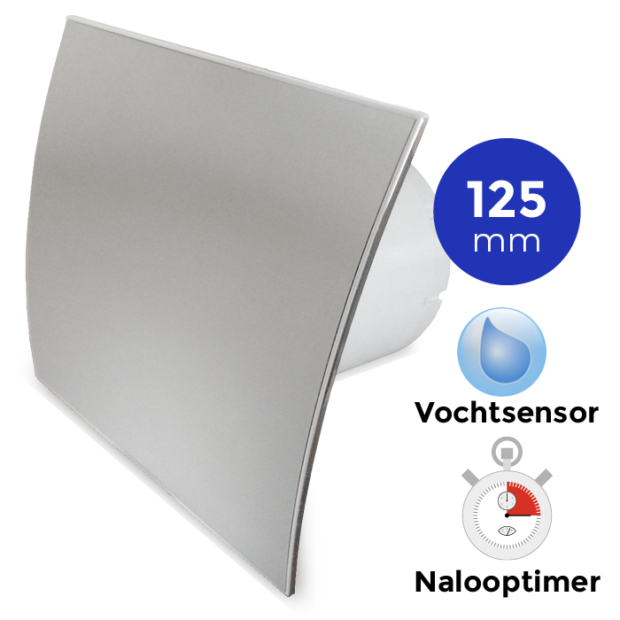 Pro-Design Badlüfter – mit Nachlauf + Feuchtigkeitssensor (KW125H) – Ø 125 mm – Edelstahl gebogen