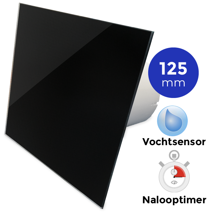 Pro-Design Badlüfter – mit Nachlauf + Feuchtigkeitsensor (KW125H) – Ø 125 mm – flaches GLAS – glänzend Schwarz
