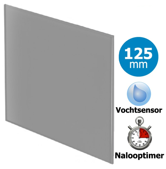Pro-Design Badlüfter – mit Nachlauf + Feuchtigkeitssensor (KW125H) – Ø 125 mm – flaches GLAS – Mattgrau