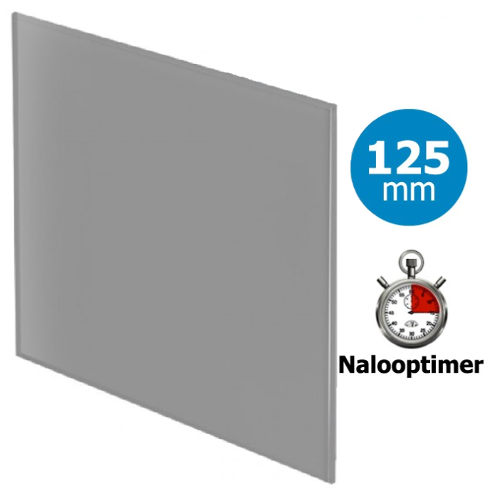 Pro-Design Badlüfter – mit Nachlauf (KW125T) – Ø 125 mm – flaches GLAS – Mattgrau