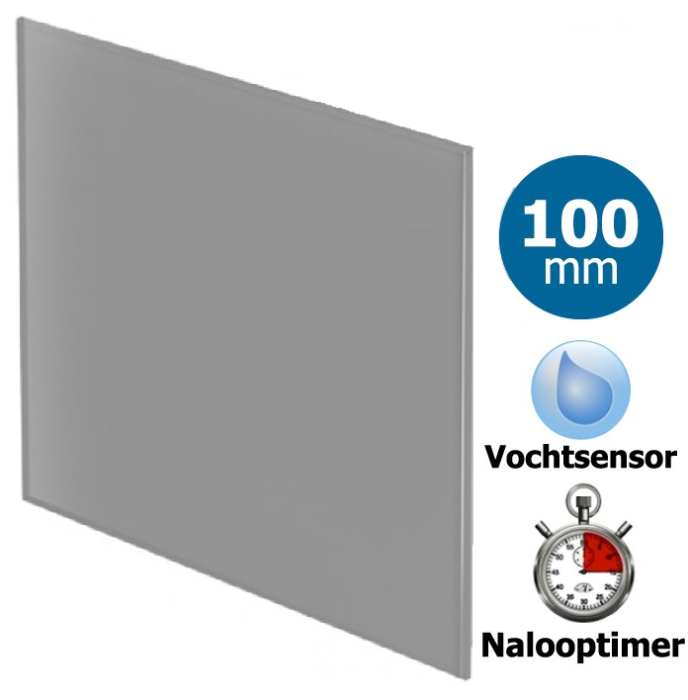 Pro-Design Badlüfter – mit Nachlauf + Feuchtigkeitssensor (KW100H) – Ø 100 mm – flaches GLAS – Mattgrau