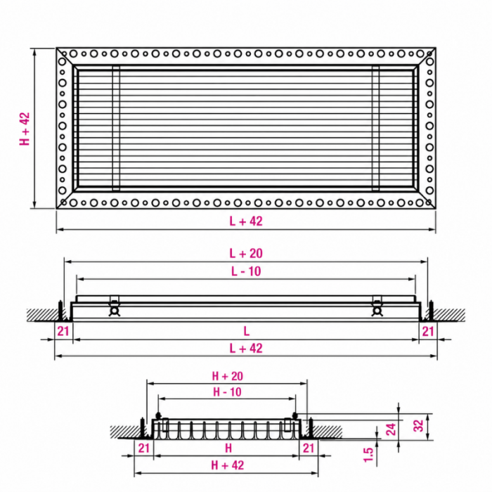 Einputzfähige rahmenlose Wandblende - 110x50mm - für Kanal 120 x 60mm Einputzfähige rahmenlose Wandblende - 110x50mm - für Kanal 120 x 60mm
