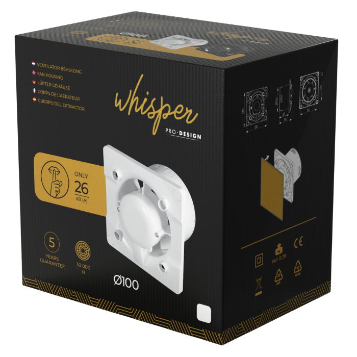  Whisper Pro-Design Badlüfter – mit Nachlauf – Ø 100 mm – flacher Kunststoff – Gold