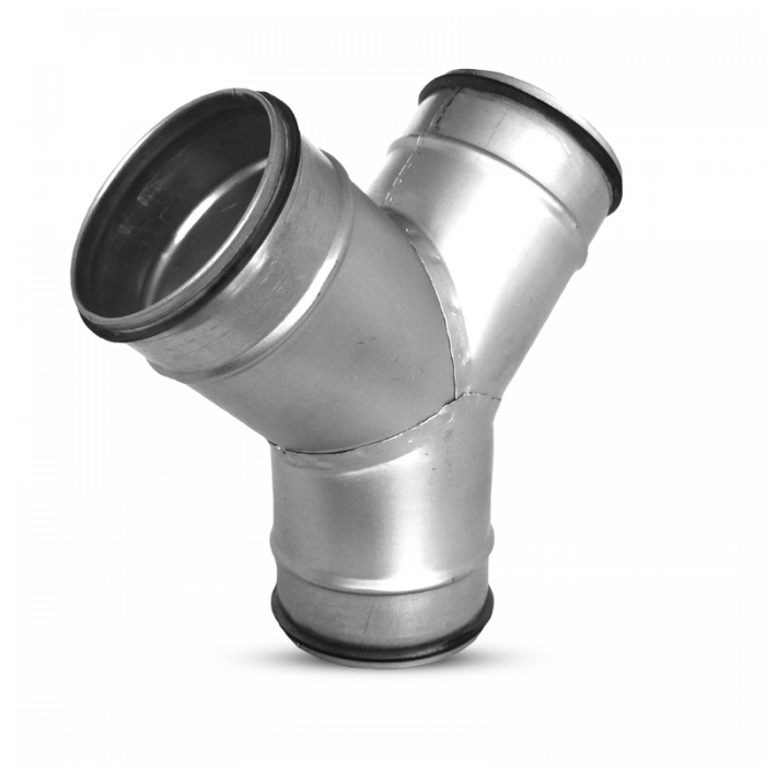 Y-Stück (Hosenstück) mit Dichtung für Wickelfalzrohr Ø100mm mit 45º-Abzweigungen Ø100mm Y-Stück (Hosenstück) mit Dichtung für Wickelfalzrohr Ø100mm mit 45º-Abzweigungen Ø100mm